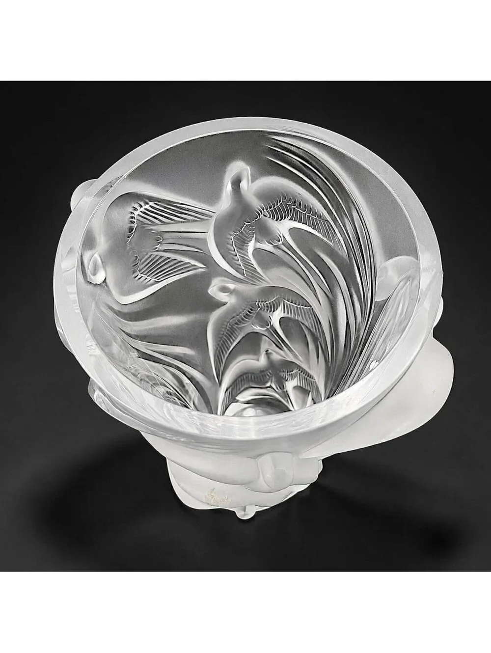 Vintage Large Lalique Martinets Large Frosted Crystal Swallows Vase France - 10